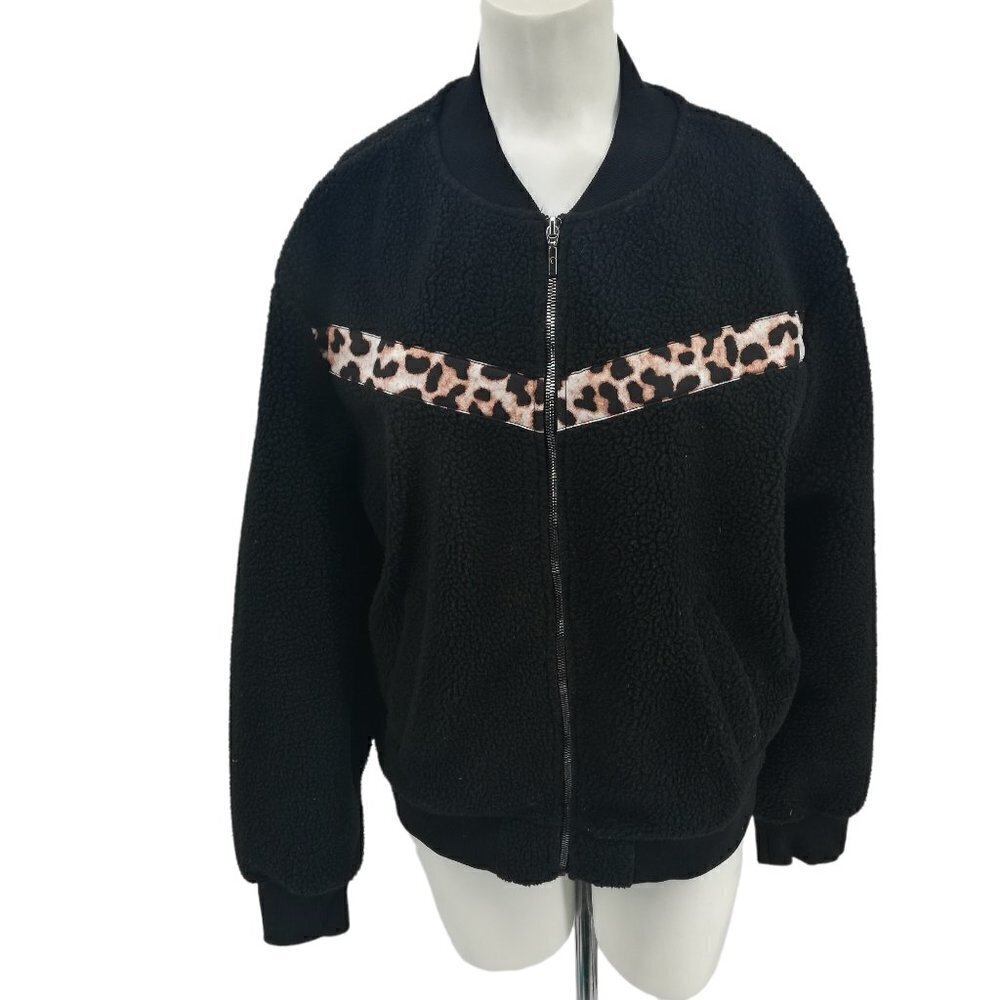 Zyia Active Leopard Flying V Teddy Bear Fleece Jacket Size  L Black Bomber Zip